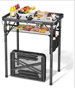 Folding Grill Table for Outside, 3 Height Adjustable Small Camping Table with Mesh Bag, Metal Aluminum Folding Table, 23.62 x 15.75 inches, Portable G