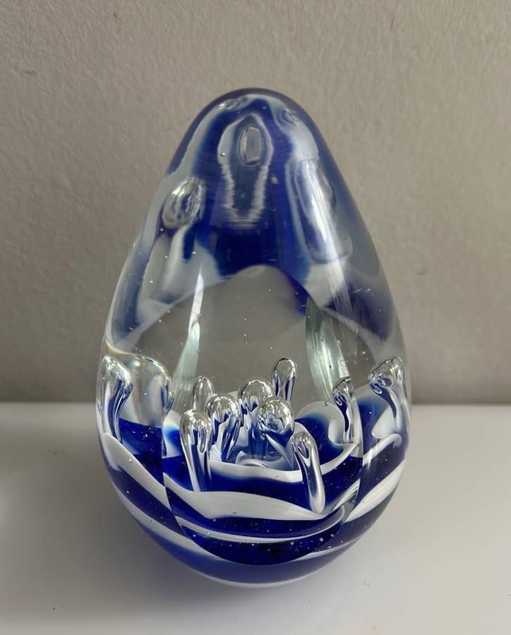 Vintage Egg Shaped Blue White Art Glass Paperweight Decor