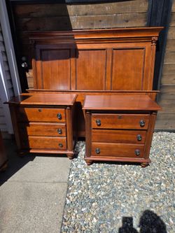 Queen bed frame, dresser, nightstands, mattress and box spring