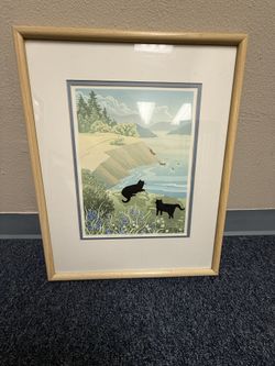 Lewis Spaulding black cat framed wall art Serigraph coastal scene 
