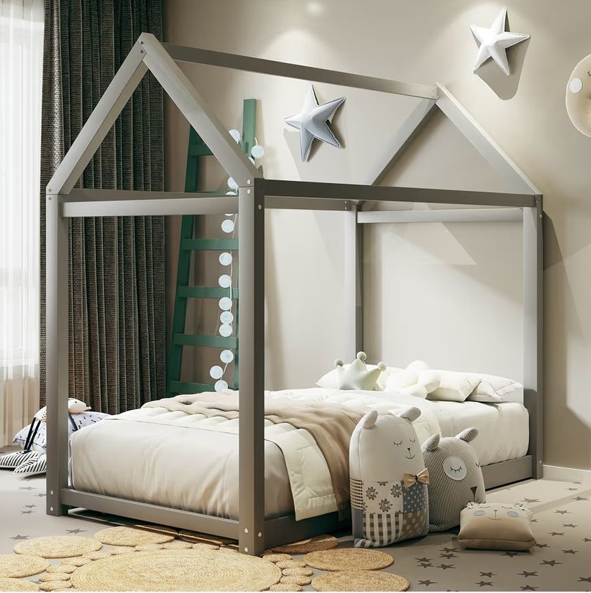 House Bed, Floor Bed with Wood Slats, No Box Spring Needed,Twin Size, Grey