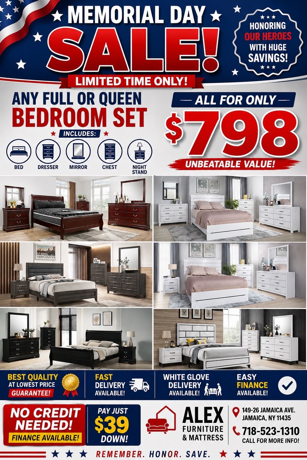 β¨ ANY FULL OR QUEEN BEDROOM SET ONLY $798! β¨ LIMITED TIME ONLY β SAVE BIG THIS MEMORIAL DAY WEEKEND!