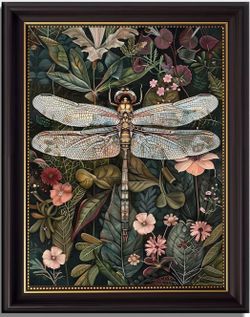 Vintage Botanical Dragonfly Set Against a Dark Lush Backdrop of Broad Framed Canvas Wall Art. 16x24