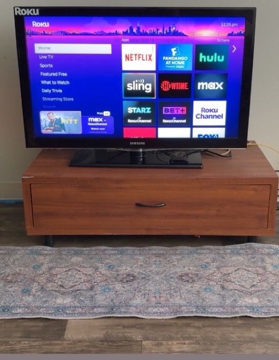 Samsung TV with Roku Adapter & Remote + Stand w/ Drawer Shelf