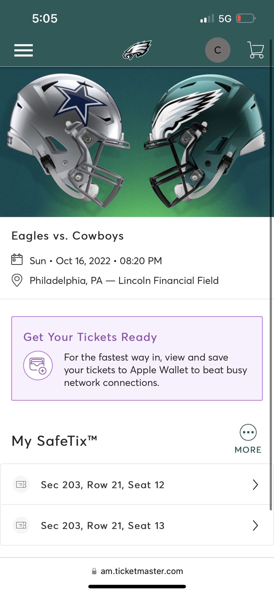 2 tickets to Eagles vs. Cowboys Game 