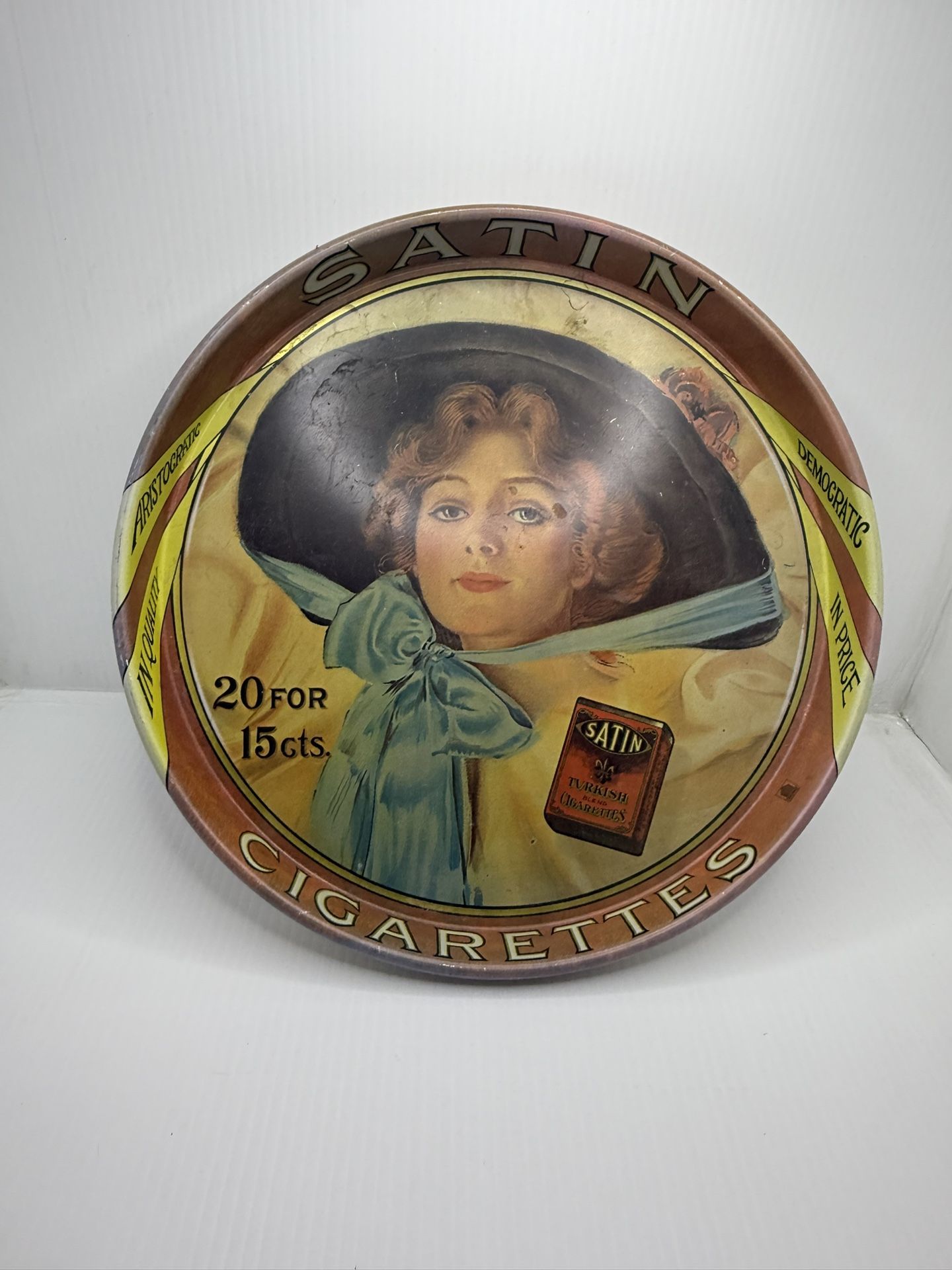 Vintage Satin Turkish Blend Cigarette advertising tray, marked CHEINCO on lip.
