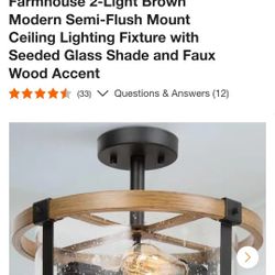 Farmhouse 2-Light Brown Modern Semi-Flush Mount Ceiling Lighting Fixture with Seeded Glass Shade and Faux Wood Accent