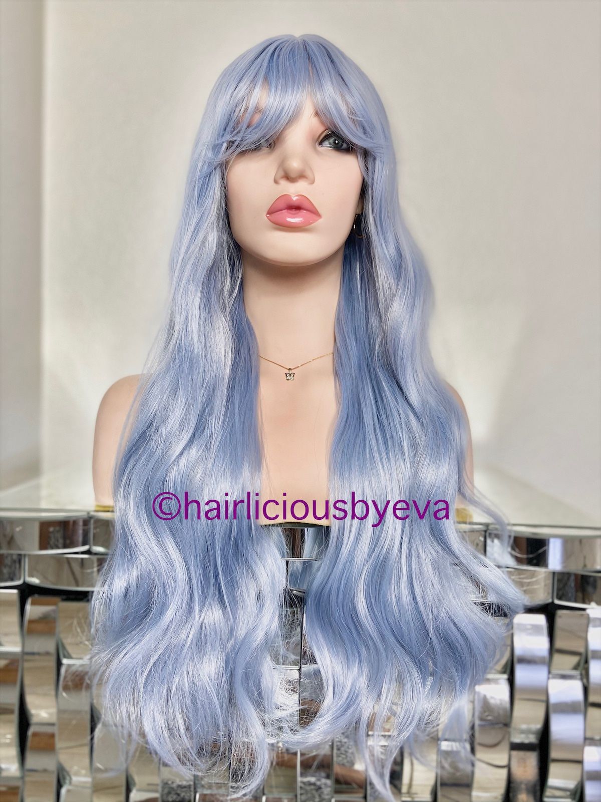 Light blue wig with bangs wavy 26 inch long premium quality