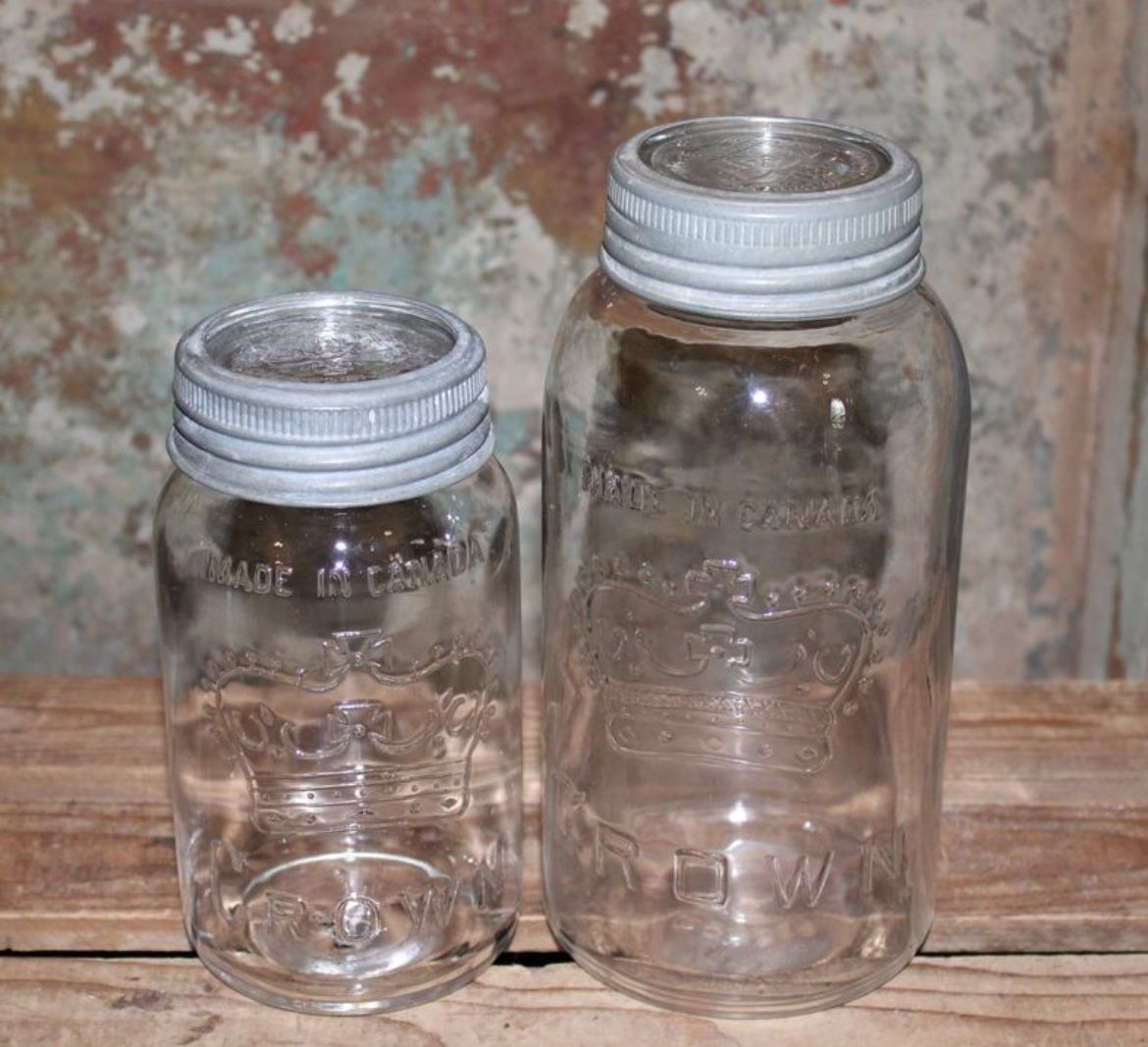 Pair of VTG CROWN Made in Canada Glass Canning Jars w/Zinc & Glass Lids