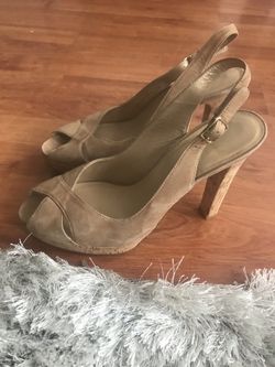 Stuart Weitzman Tan Sz 8 M Wedge Sandal Slingback Cork Suede Leather Peep Toe. Condition is Pre-owned. See pictures ask questions and make an offer!