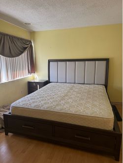 King Size Storage Bed w/ Upholstered Headboard + Nightstand & Mattress