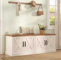 White Farmhouse Entryway Bench with 4 Doors & Adjustable Shelves