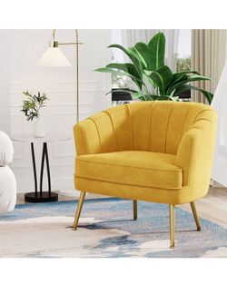 Velvet Accent Chair, Upholstered Modern Single Sofa Side Chair,Comfy Barrel Club Living Room Armchair with Golden Metal Legs for Bedroom Living Readin