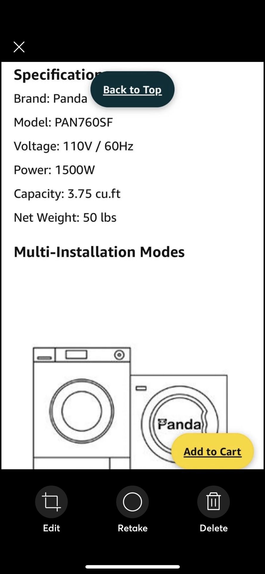 PANDA Portable Tabletop RV Dryer 3.75 Cu Ft