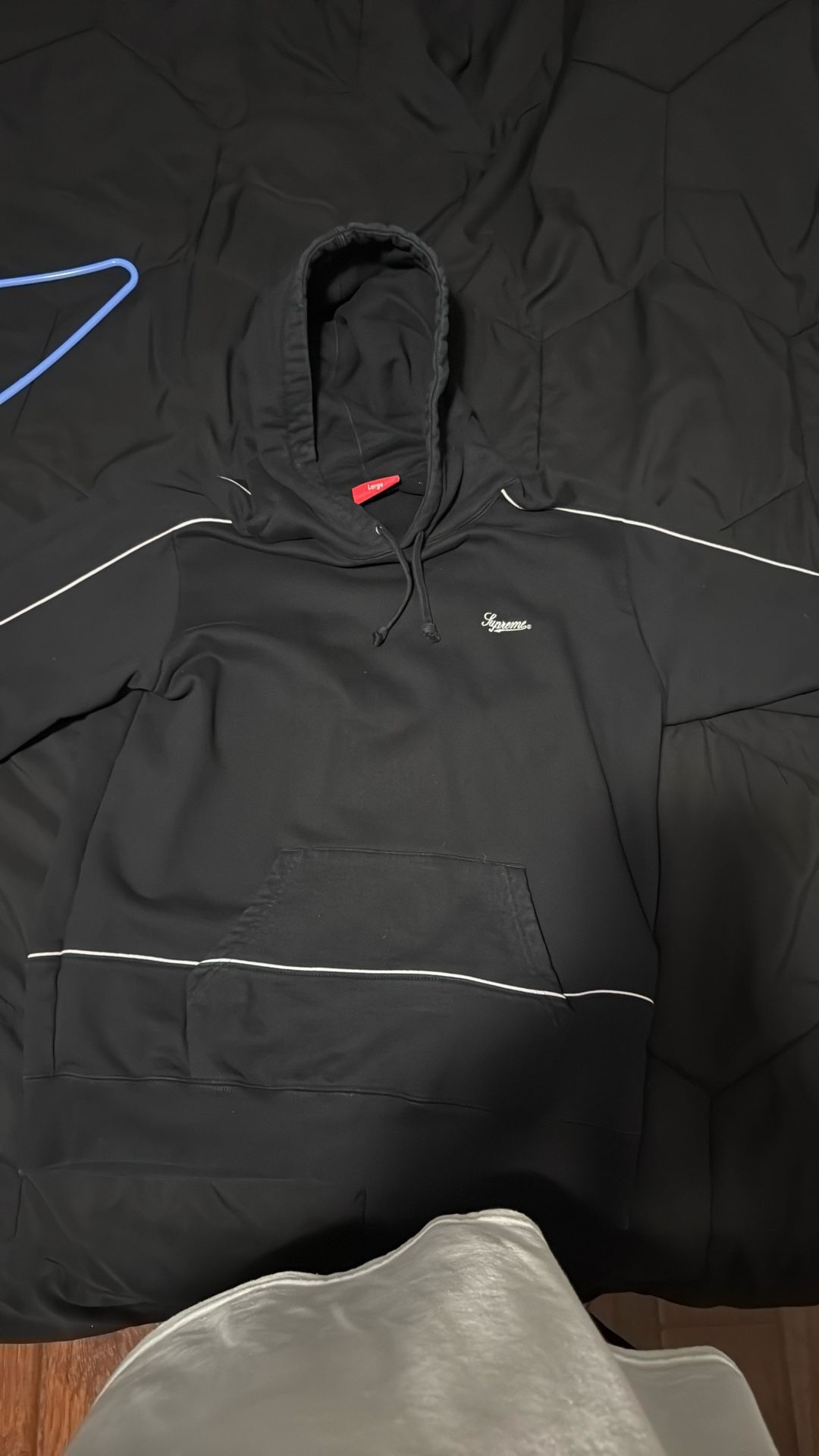 Black supreme hoodie with white trim