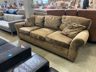 CRATE &amp; BARREL Shiny Brown Fabric Roll Arm Sofa