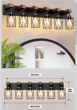 Farmhouse Bathroom Vanity Light, 6-Light Wood Bathroom Light Fixtures Over Mirror, Black Industrial Vanity Lights with Metal Shade, Rustic Restroom Li