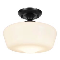 Schoolhouse Style Semi Flush Mount Ceiling Light Fixture, 12" Modern Hallway Ceiling Lamp with Opal Milk Glass Shade, Farmhouse Globe Light for Bedroo