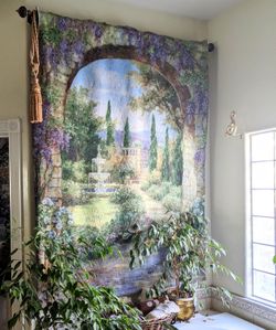 Woven Wall Tapestry Of Garden With Wooden Cross Beam And Tassel