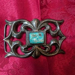 Vintage Navajo Sand Cast Sterling  Turquoise Buckle