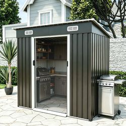 6x4ft Metal Shed, Sliding‑Door Outdoor Storage Building with Ventilation Vents & Threshold,Galvanized Steel Shed for Garden, Yard(6.43*4 FT)