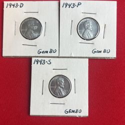 1943 P , D , S Lincoln Cent Steel Pennies