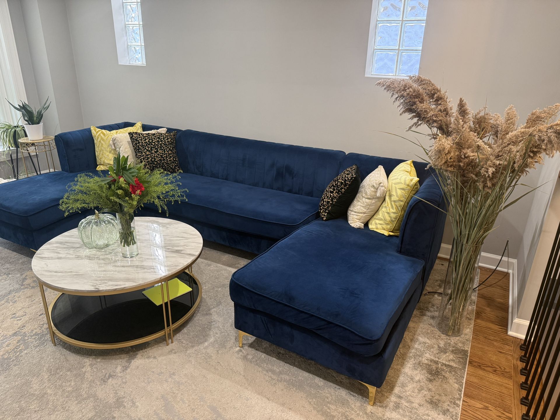 Navy Blue Velvet Three Piece Sectional Sofa