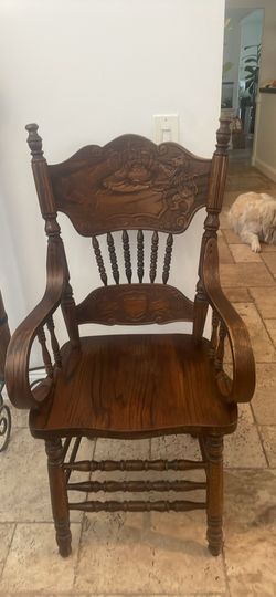 Vintage Pressed Back Carved Oak Armchair
