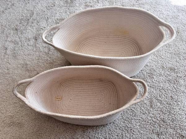 2 Woven Storage Baskets Organizers Cotton Rope Washable Sturdy Very strong, soft to touch Used, cleaned - washable Large basket’s approx 13/9/8”