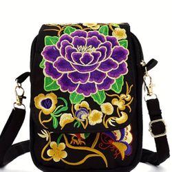 Purple flower Women's Embroidered Crossbody Bag, Small Canvas Shoulder Bag,