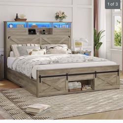 Queen size bed frame led lights and storage headboard Rustic oak