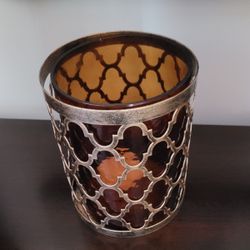 Metal and Amber Glass Candle Holder - 6.5"H x 5"W