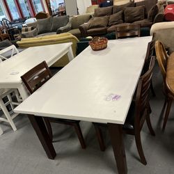 Long White And Brown Dining Table And Chairs Set (in Store) 