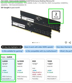 PNY DDR5 16GB (2x8GB) 5600MHz Desktop RAM Kit