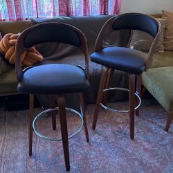 Swivel BarStools Counter Height Brown Faux Leather & Wood Set Of Two