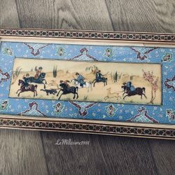 Vintage Oriental  Hunting Painting in Decorative Inlaid Frame | 