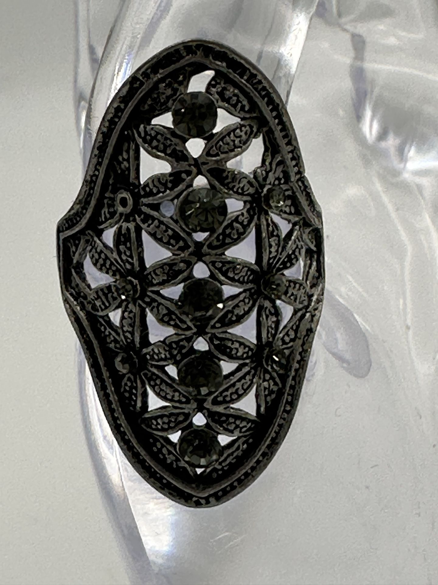 Silver Tone Antiqued Patina Black CZ Size 7 1/2 Ring Oval Statement Ring