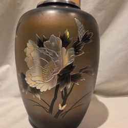 Asian Black metal Etched Vase/urn  91/2" tall 