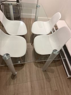 Glass Dining Table with 4 White Chairs