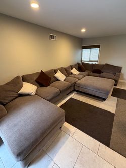 Large Brown Fabric Sectional Sofa with Ottoman