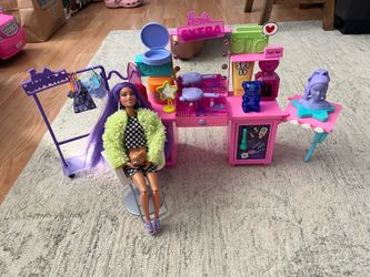 Barbie extra fashion doll vanity Playset with accessories, vanity and puppy.