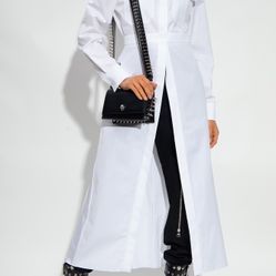 Alexander McQueen 40 S M White Gold Midi Dress Long Sleeve Collar Poplin Military Button Up Peplum  Pleaded