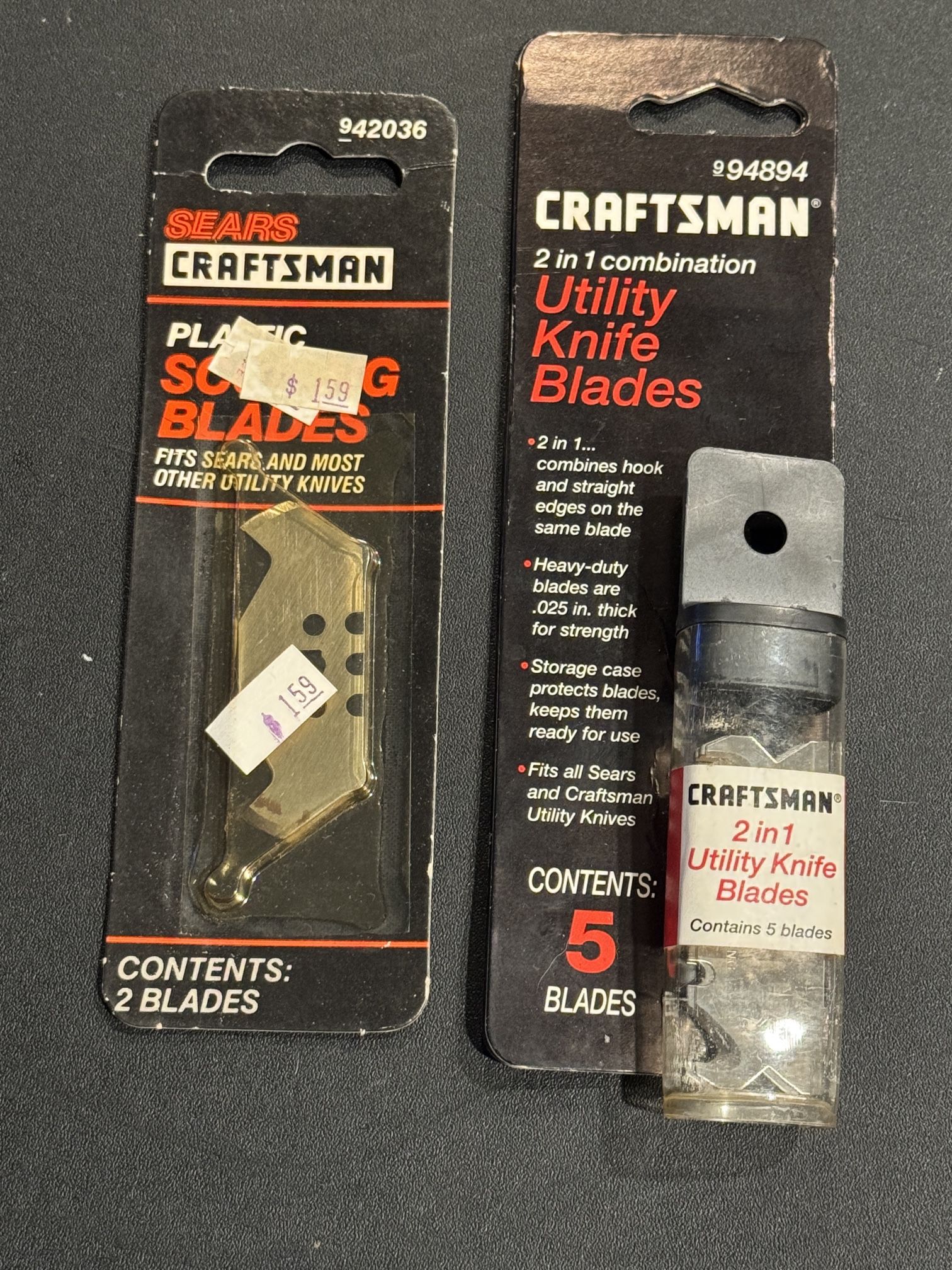 Vintage USA Craftsman Utility blades. New in package. 42036 2 pack plastic scoring blades, & 94894 5 pack 2 in 1 combination blades. The 2 pack shows