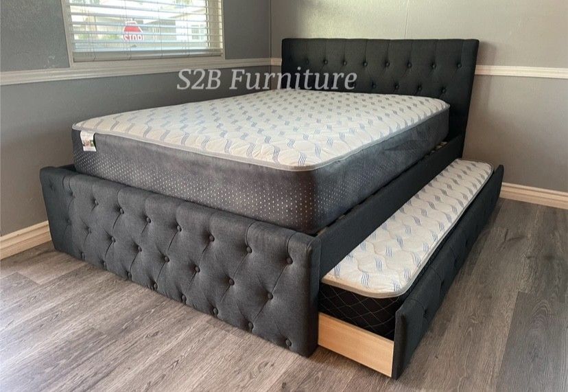 Full Twin Grey Frenchi Trundle Bed With Orthopedic Mattress Included 