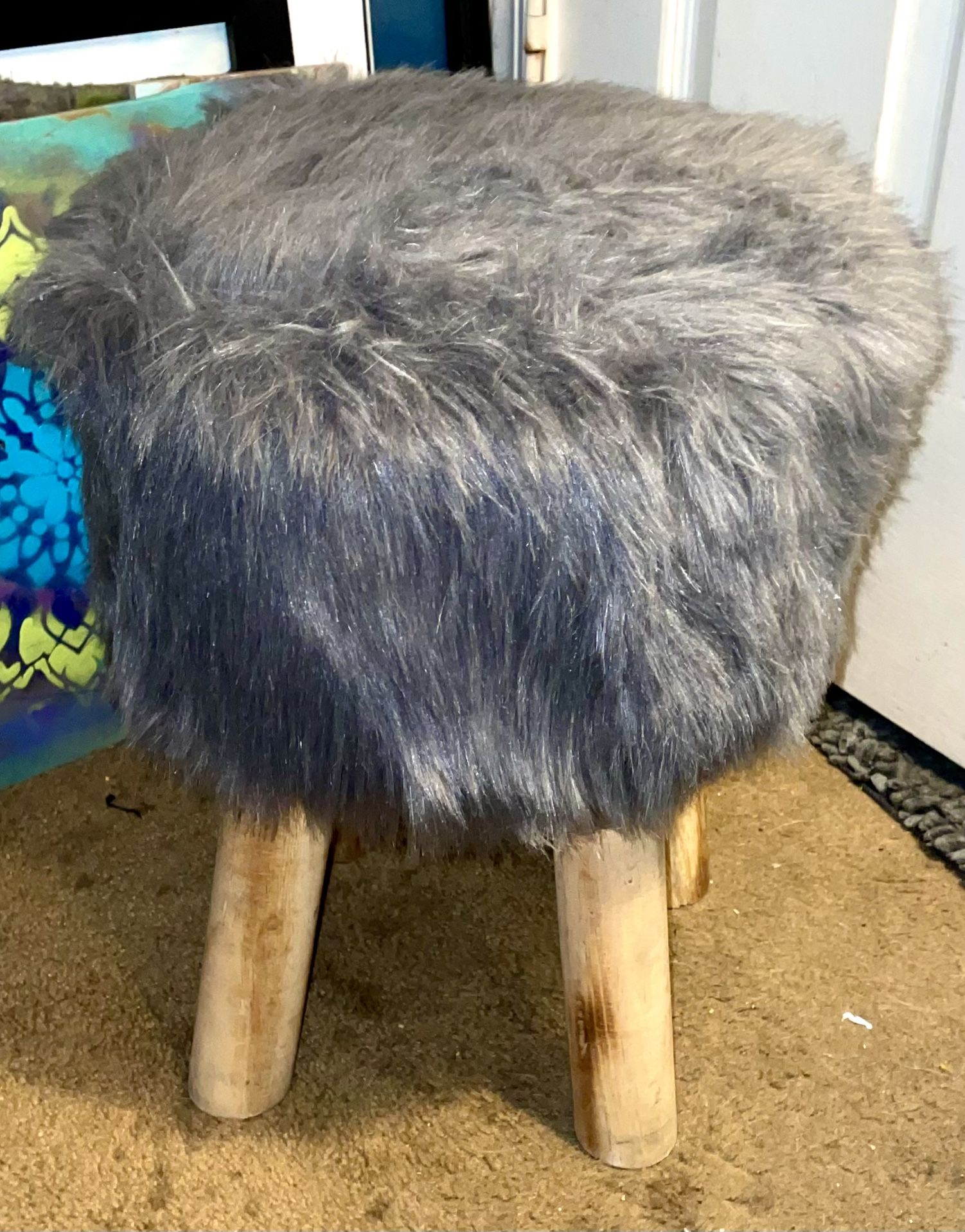 Grey Furry Wooden Stool