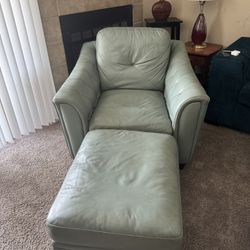 Green Leather Armchair & Ottoman Set 