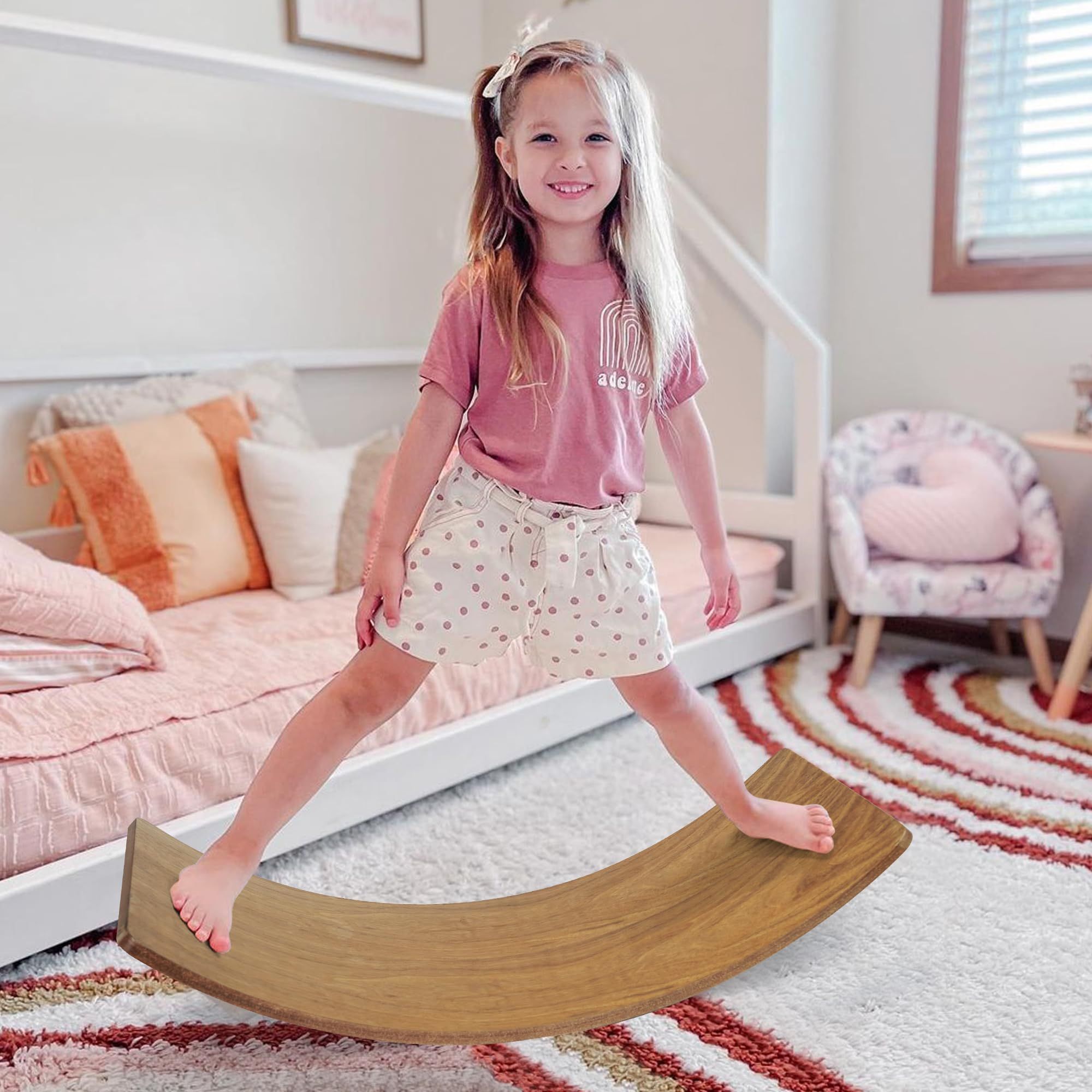 Gentle Monster Wooden Wobble Balance Board, 35 Inch Rocker Board Natural Wood, Kids Toddler Open Ended Learning Toy, Yoga Curvy Board for Office & Cla