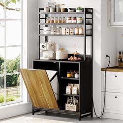 Tilt Out Trash Can Cabinet, 67" Kitchen Pantry Storage Cabinet, Bakers Rack Microwave Stand with Power Outlet, 7-Tiers Tall Coffee Bar Station for Kit