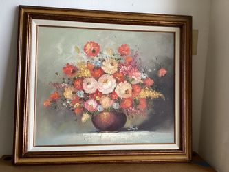 Vintage Framed Oil on Canvas Painting Vibrant Floral Bouquet by Stemple