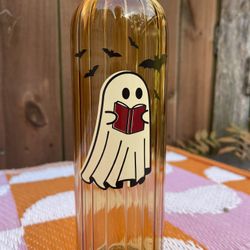 Handmade Glass Water Bottle – Ghost Reading with Bats (21oz)